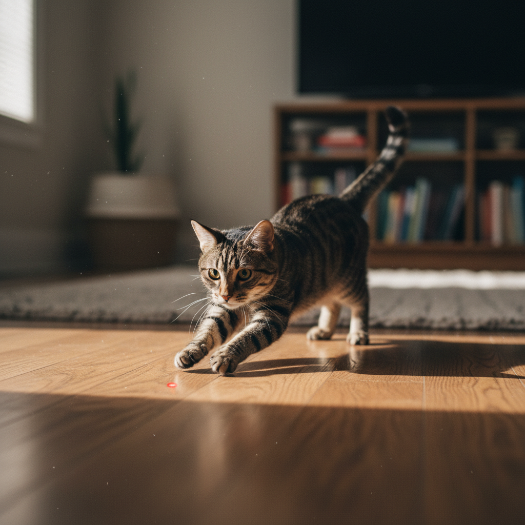 Gato atigrado persiguiendo el punto rojo del láser LED
