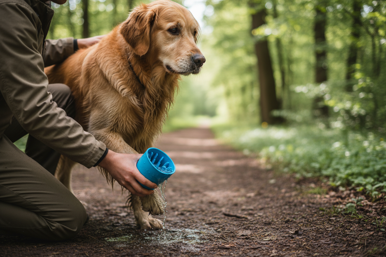 Persona limpiando la pata de un golden retriever con el vaso limpiador